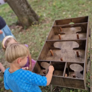 Sukutis medinis lauko žaidimas su kėgliukais