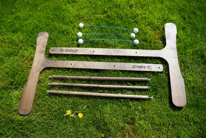 Kopetėlių golfas medinis lauko žaidimas su švytuoklėmis, Komplektacija. Medžio karma gamina