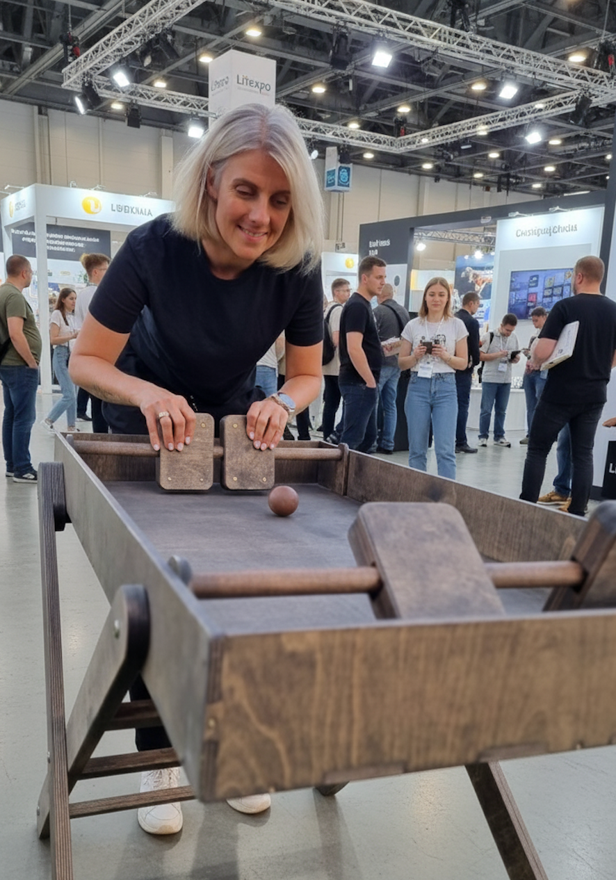 Medžio karma medinis lauko žaidimas Korys parodoje — didelis medinis žaidimas su įmonės logotipu pritraukia lankytojus prie stendo