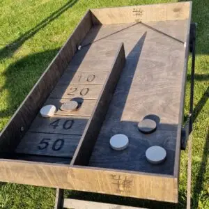 Medinis šaškių su guma žaidimas lauke – taškų sistema 10-50, 6 medinės šaškės, Medžio Karma