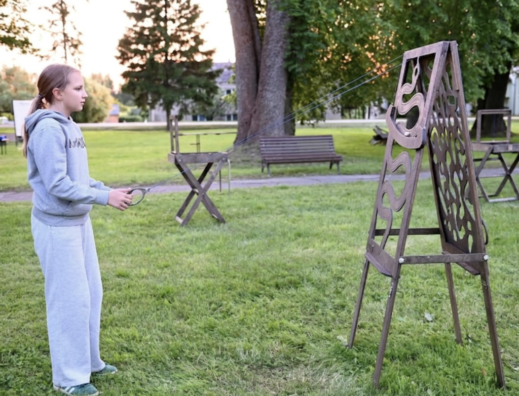 Moterys žaidžia medinį lauko žaidimą Gyvatėlę vasarą – koordinacijos žaidimas lauke suaugusiems. lauko žaidimų gamyba medžio karma