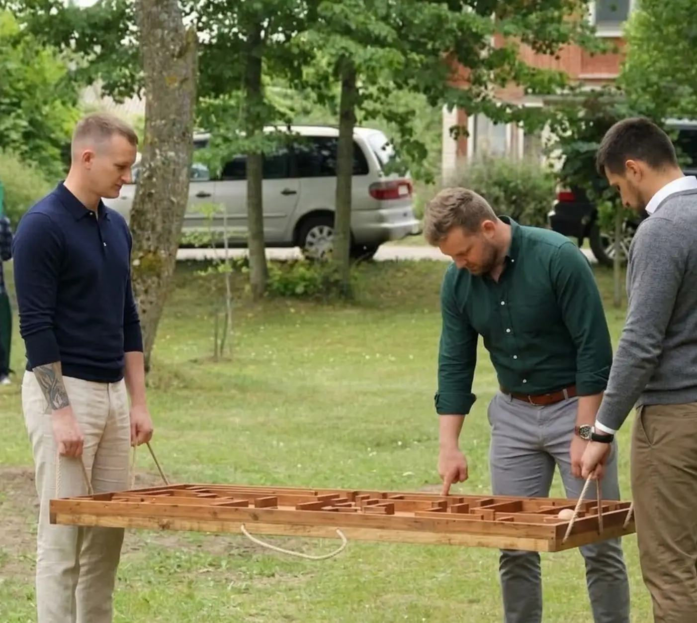 Trys vyrai laiko medinį horizontalų labirintą už virvučių ir kartu valdo kamuoliuką – komandinis lauko žaidimas įmonių renginiams